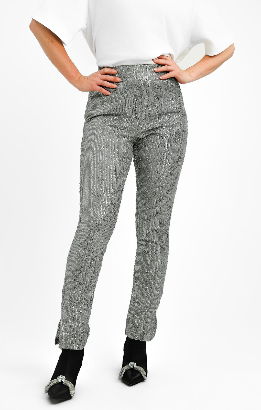 4th & Reckless Petite Exclusive Sequin Split Hem Leggings In Gunmetal