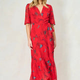 Hope & Ivy Flutter Sleeve Midaxi Wrap Dress with Tie Waist in Red Print