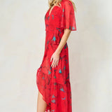 Hope & Ivy Flutter Sleeve Midaxi Wrap Dress with Tie Waist in Red Print