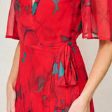 Hope & Ivy Flutter Sleeve Midaxi Wrap Dress with Tie Waist in Red Print