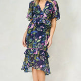 Hope & Ivy Midi Tea Dress with Peplum Waist in Navy Print