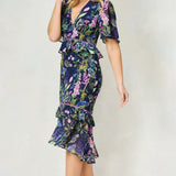 Hope & Ivy Midi Tea Dress with Peplum Waist in Navy Print