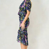 Hope & Ivy Midi Tea Dress with Peplum Waist in Navy Print