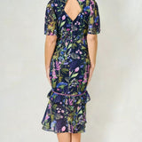 Hope & Ivy Midi Tea Dress with Peplum Waist in Navy Print