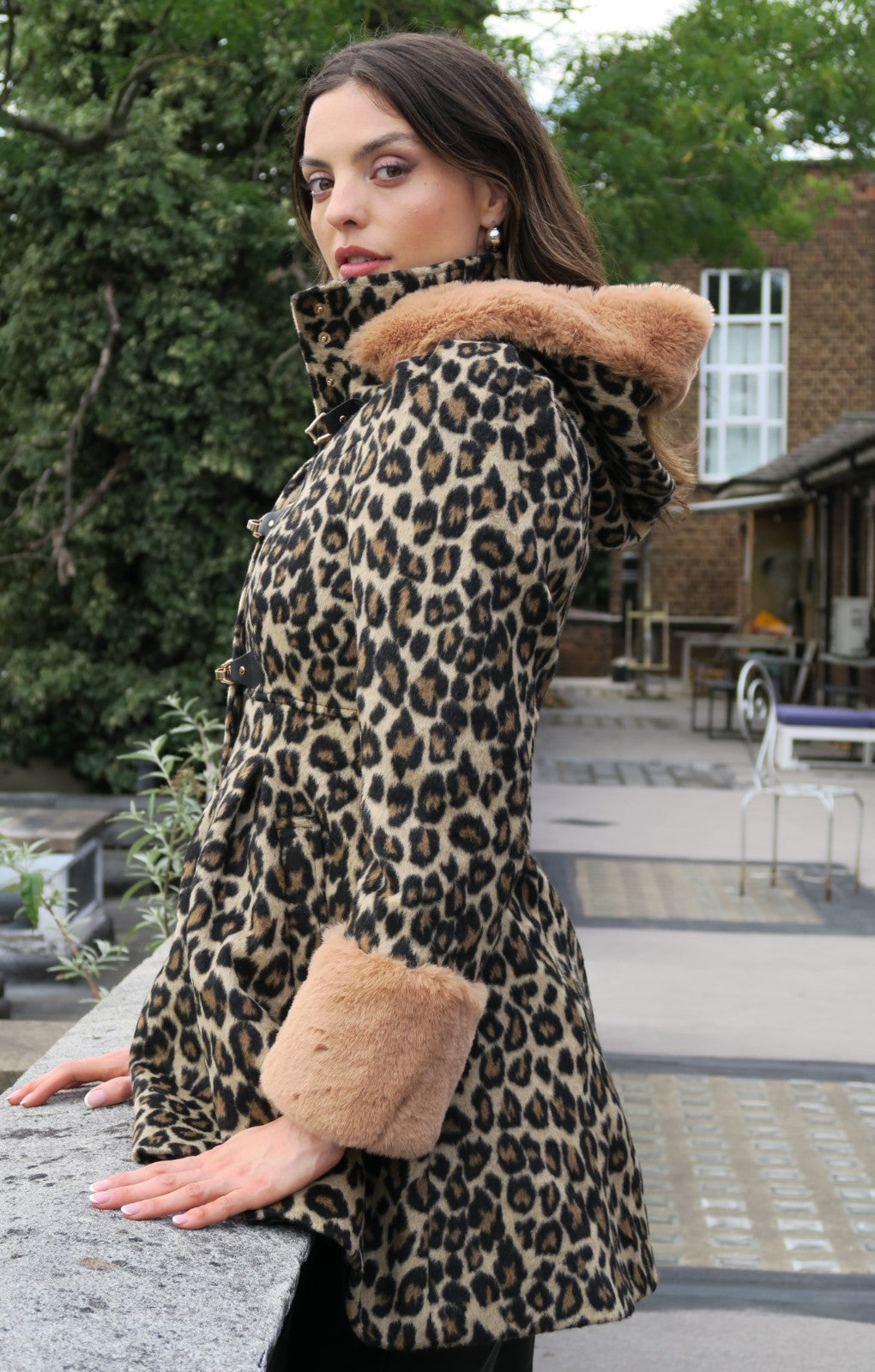 Miss Selfridge Leopard Duffle Swing Coat With Fur Hood