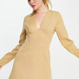 In The Style x Terrie Mcevoy Panelled Corset Mini Dress In Camel