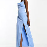In The Style Tall Exclusive Satin Cowl Neck Tie Back Maxi Dress In Blue