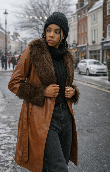 Rent Violet Romance Vinyl Jacket With Faux Fur Trims In Brown Rent Violet Romance Vinyl Jacket With Faux Fur Trims In Brown