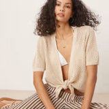 JDY Tie Front Crochet Cardigan in Beige