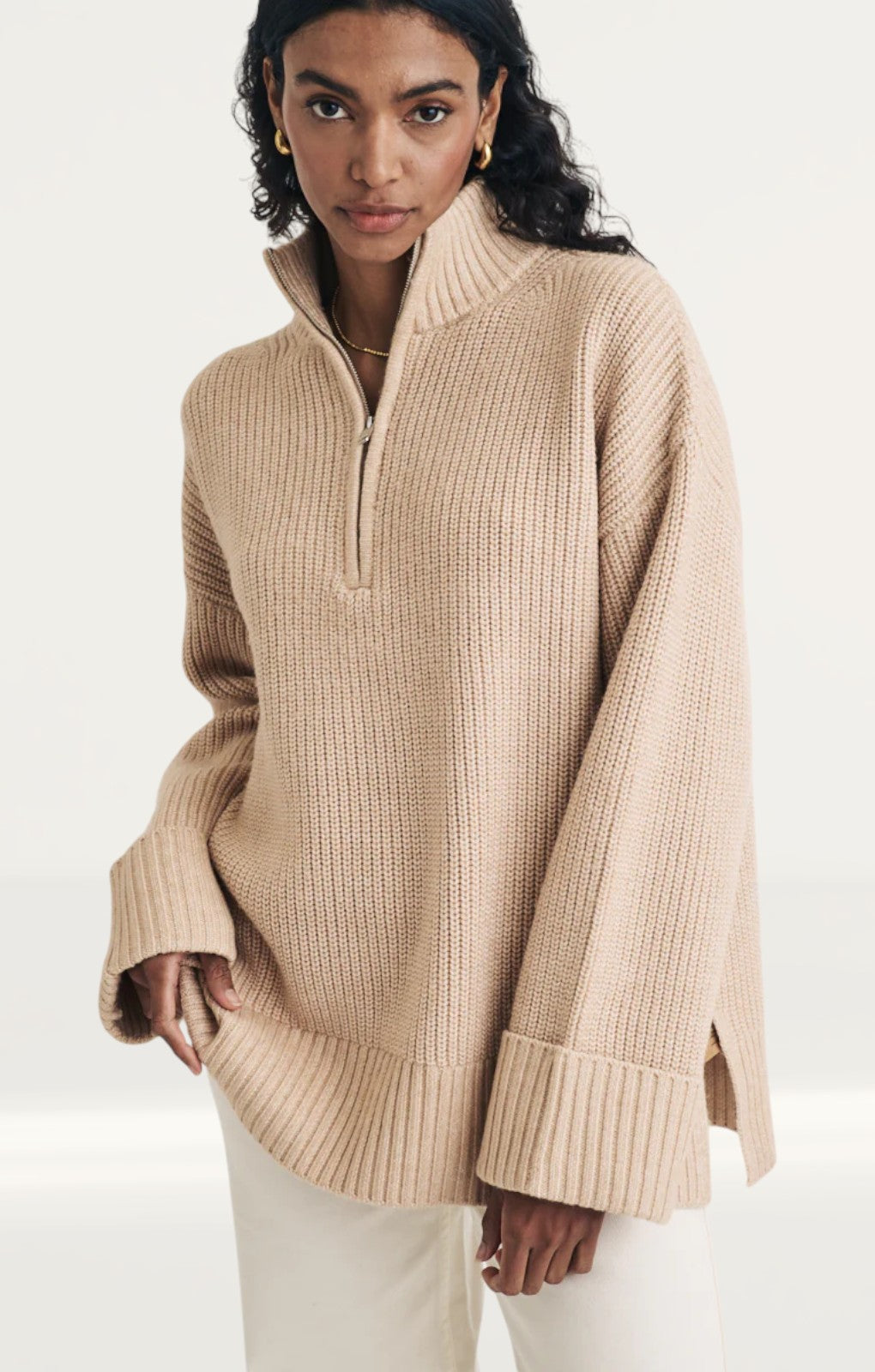 Nobody's Child Beige Knitted Oversized Half Zip Jumper