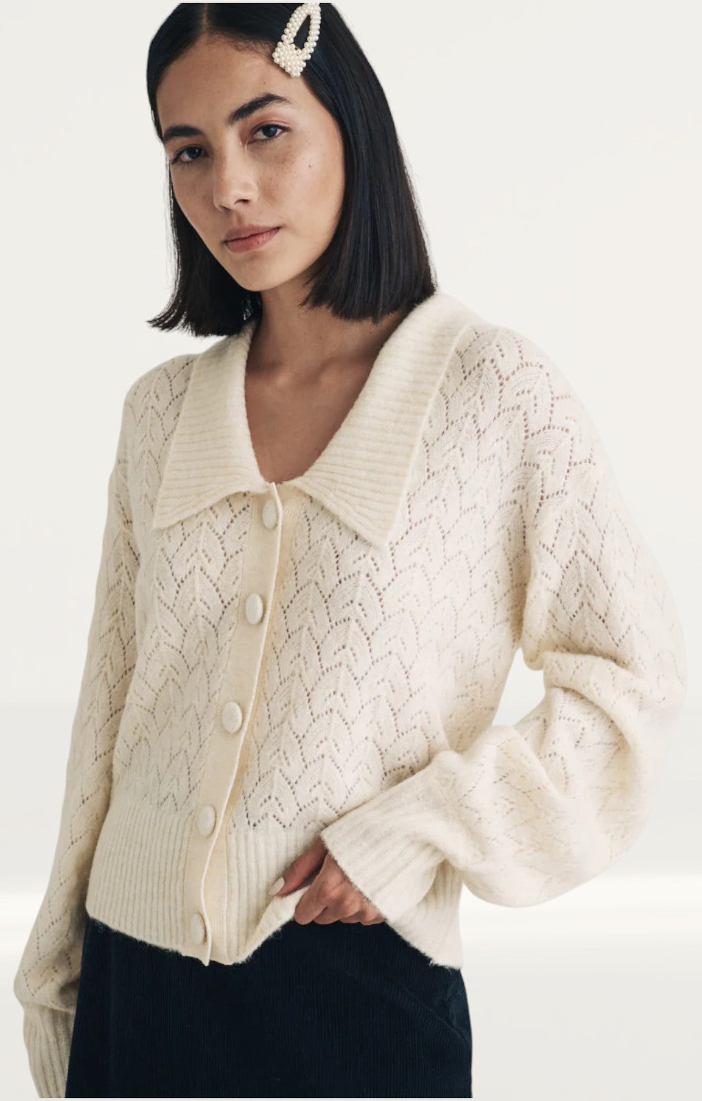 Nobody's Child Cream Collar Pointelle Wool Blend Knitted Cardigan