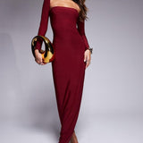 Kaiia Double Layered Slinky Bandeau Maxi Dress with Long Sleeve Shrug in Burgundy