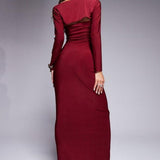 Kaiia Double Layered Slinky Bandeau Maxi Dress with Long Sleeve Shrug in Burgundy