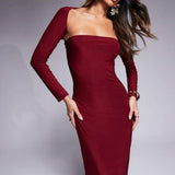 Kaiia Double Layered Slinky Bandeau Maxi Dress with Long Sleeve Shrug in Burgundy