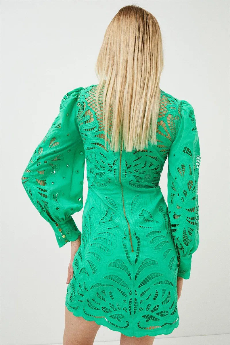 Karen Millen Green Cutwork Volume Sleeve Woven Mini Dress – dresses by Karen Millen, available to rent from Hirestreet
