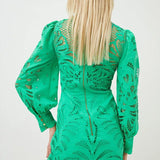 Karen Millen Green Cutwork Volume Sleeve Woven Mini Dress – dresses by Karen Millen, available to rent from Hirestreet