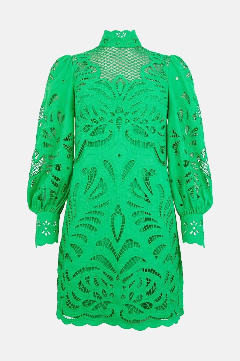 Karen Millen Green Cutwork Volume Sleeve Woven Mini Dress – dresses by Karen Millen, available to rent from Hirestreet