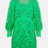 Karen Millen Green Cutwork Volume Sleeve Woven Mini Dress – dresses by Karen Millen, available to rent from Hirestreet