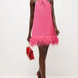 Karen Millen Pink Satin Back Crepe Feather Hem Halter Mini Dress