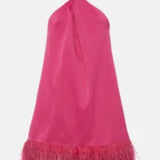 Karen Millen Pink Satin Back Crepe Feather Hem Halter Mini Dress