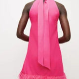 Karen Millen Pink Satin Back Crepe Feather Hem Halter Mini Dress