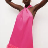 Karen Millen Pink Satin Back Crepe Feather Hem Halter Mini Dress