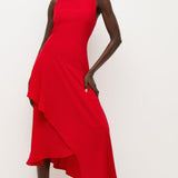 Karen Millen Red Crepe Waterfall High Neck Midi Dress
