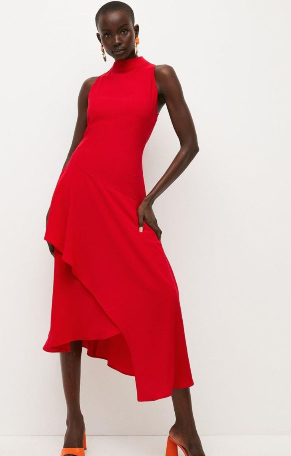 Rent Karen Millen Red Waterfall High Neck Midi Dress | Hirestreet Rent Karen Millen Red Waterfall High Neck Midi Dress | Hirestreet
