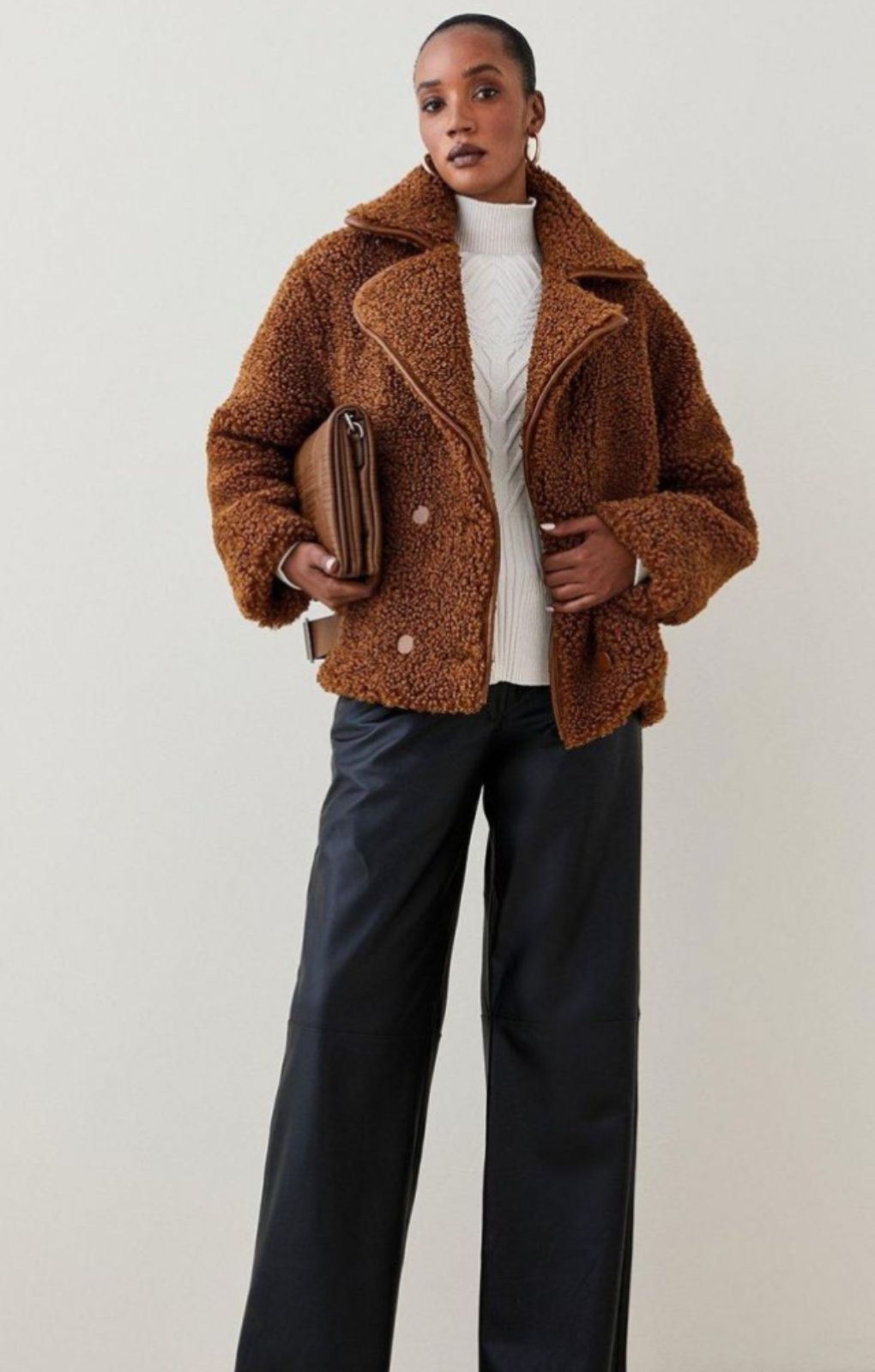 Karen Millen Toffee Double Breasted Short Borg Coat