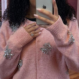 Karen Millen Wool Blend Embellished Cosy Knit Cardigan in Blush