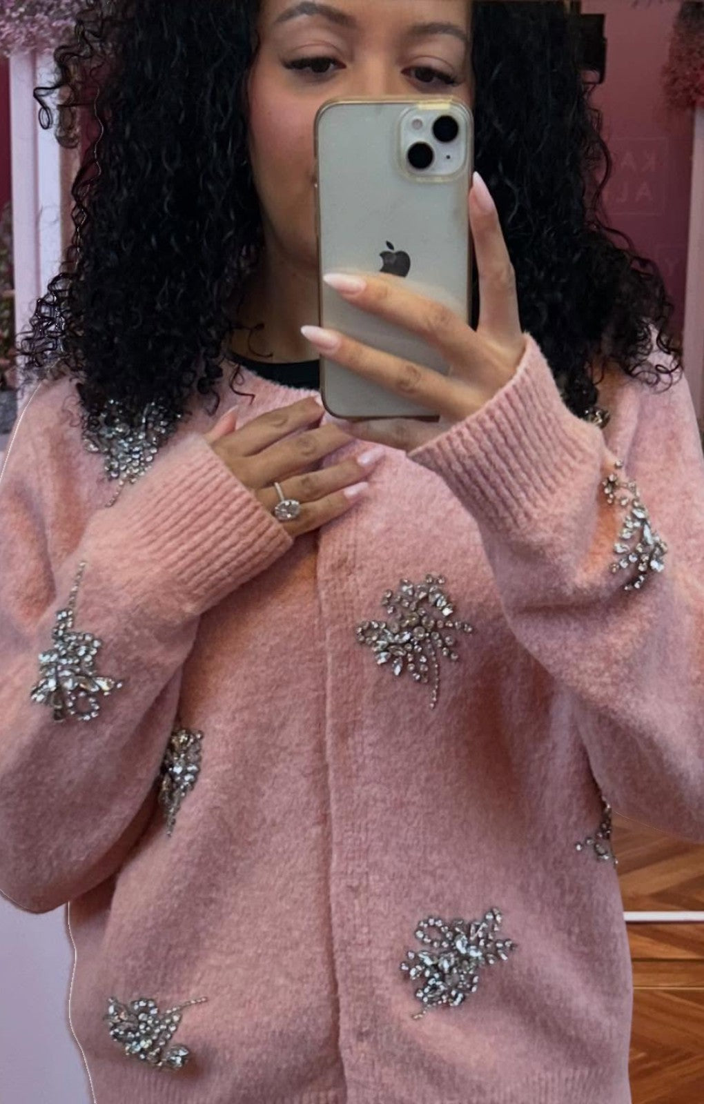 Karen Millen Wool Blend Embellished Cosy Knit Cardigan in Blush