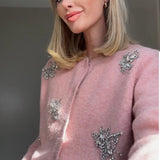 Karen Millen Wool Blend Embellished Cosy Knit Cardigan in Blush