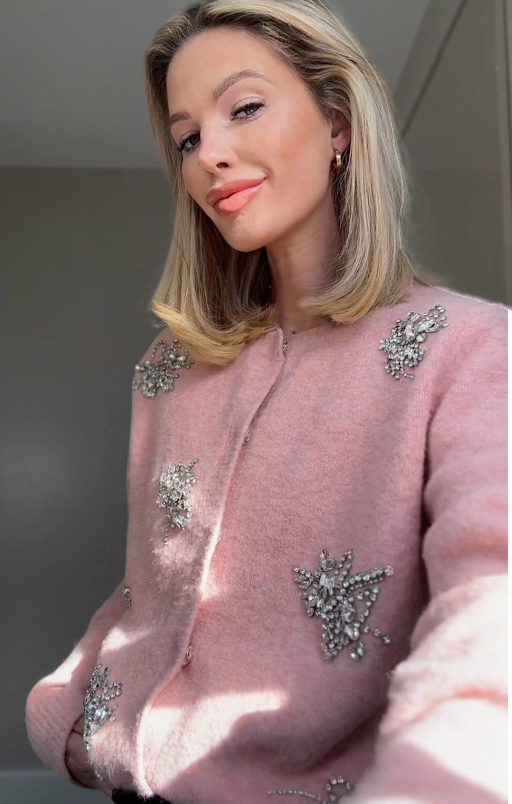 Karen Millen Wool Blend Embellished Cosy Knit Cardigan in Blush