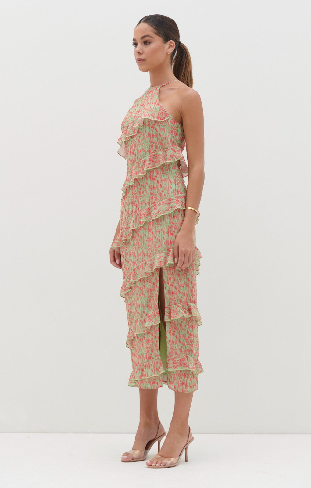 Pretty Lavish Katy Ruffle Midaxi Dress in Pink and Green Abstract Spot – dresses by Pretty Lavish, available to rent from Hirestreet