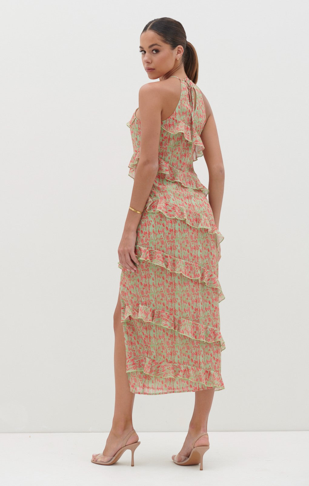 Pretty Lavish Katy Ruffle Midaxi Dress in Pink and Green Abstract Spot – dresses by Pretty Lavish, available to rent from Hirestreet