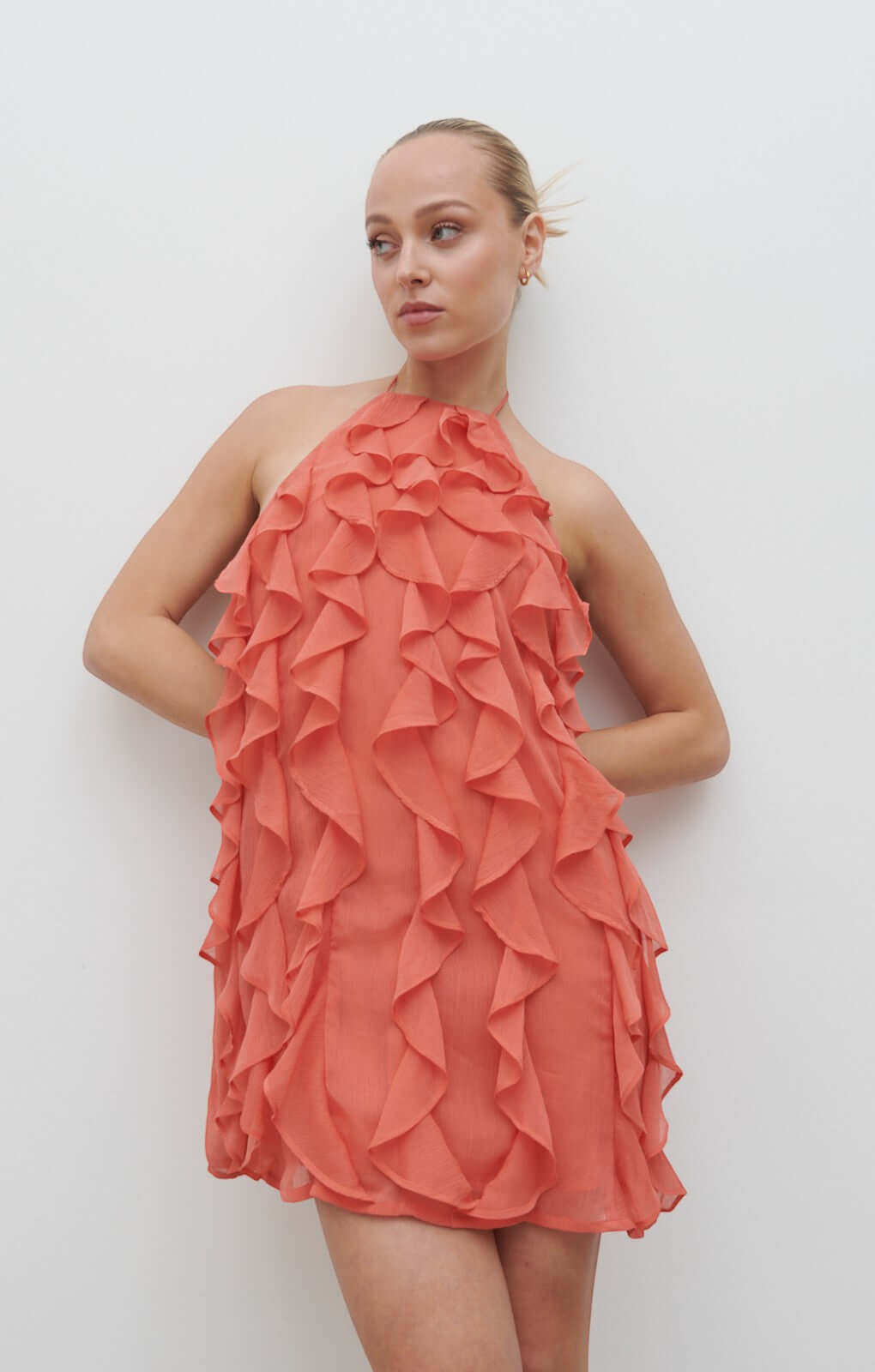 Pretty Lavish Kelsey Halter Ruffle Pink Clay Mini Dress