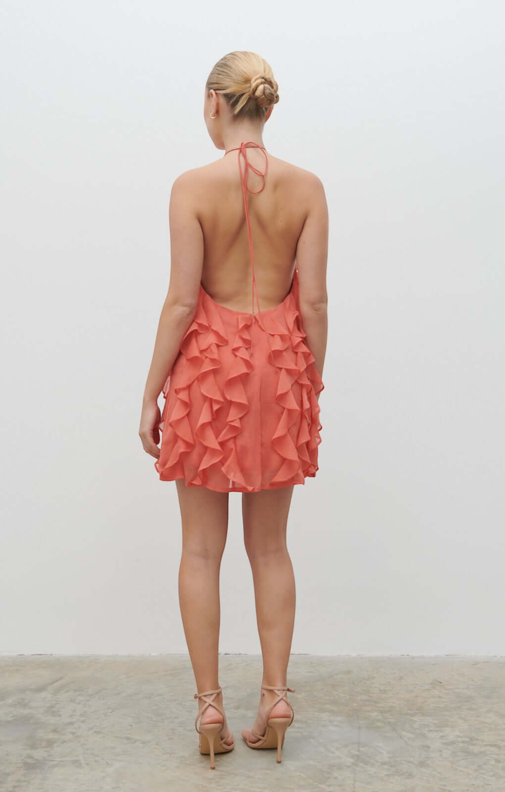 Pretty Lavish Kelsey Halter Ruffle Pink Clay Mini Dress