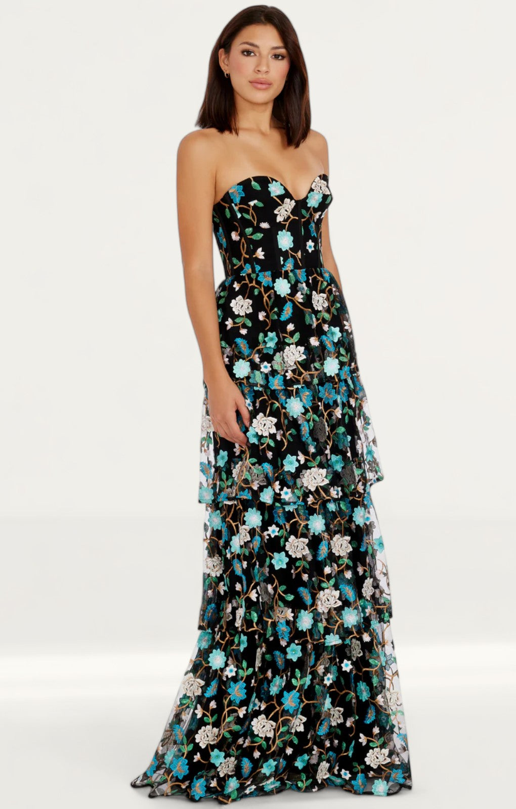Dress The Population Layana Turquoise Strapless Tiered Maxi Dress