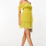 Lace & Beads Off Shoulder Tulle Mini Dress In Olive