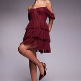 Lace & Beads Off Shoulder Corset Tulle Mini Dress in Burgundy