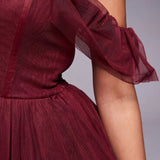 Lace & Beads Off Shoulder Corset Tulle Mini Dress in Burgundy