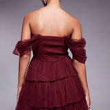 Lace & Beads Off Shoulder Corset Tulle Mini Dress in Burgundy