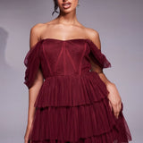 Lace & Beads Off Shoulder Corset Tulle Mini Dress in Burgundy