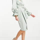 Lavish Alice Satin Wrap Puff Sleeve Midi Dress In Sage