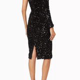 Lavish Alice Ruby Holley One Sleeve Cluster Velvet Sequin Midi Dress in Black