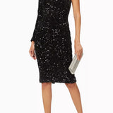 Lavish Alice Ruby Holley One Sleeve Cluster Velvet Sequin Midi Dress in Black