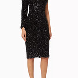 Lavish Alice Ruby Holley One Sleeve Cluster Velvet Sequin Midi Dress in Black