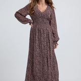 Lily and Lionel Pearl Ruched Waist Harvest Print Midi Dress In Brown