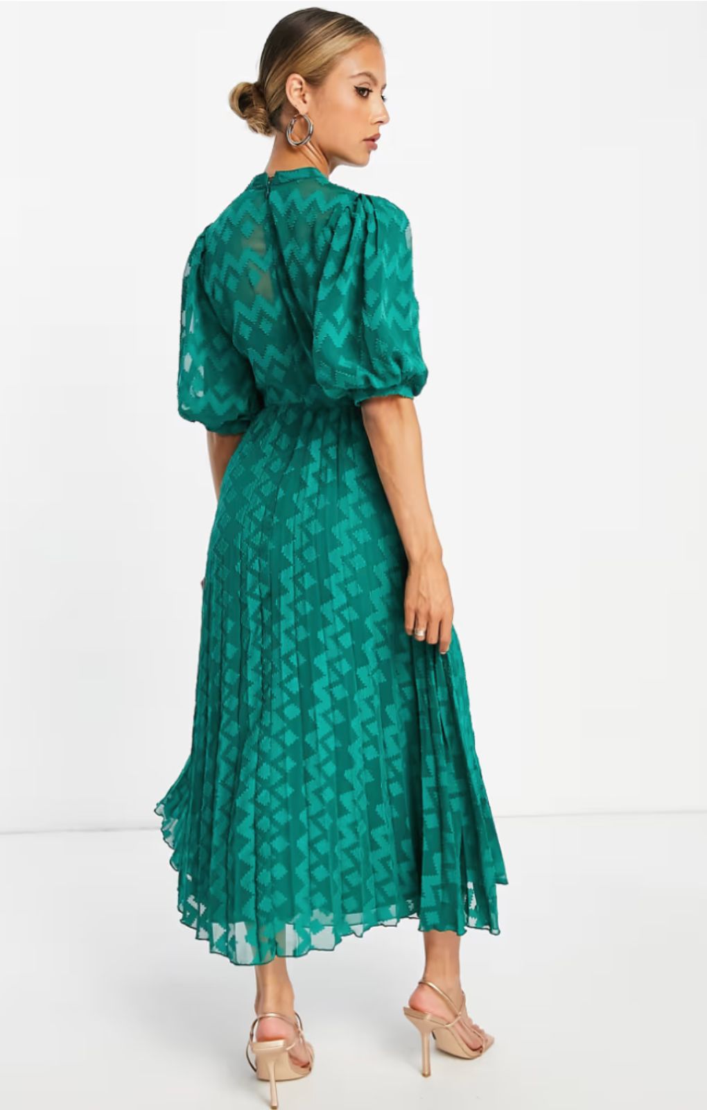 ASOS DESIGN High Neck Pleated Chevron Dobby Midi Dress With Puff Sleeve In Forest Green
