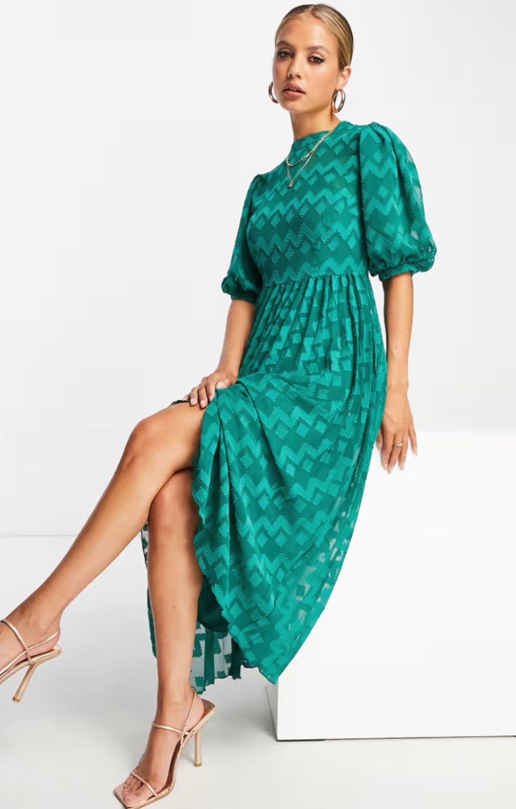 ASOS DESIGN High Neck Pleated Chevron Dobby Midi Dress With Puff Sleeve In Forest Green
